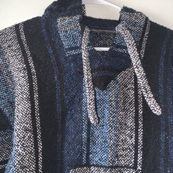 Baja Hippie Hoodie Pullover Poncho Sweater Striped Black & Blue - Picture 2 of 7